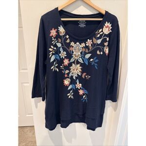 Chicos The Ultimate Tee Embroidered Floral Print Blue Size 3